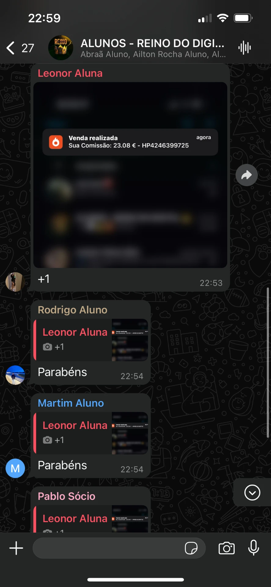 Aluna a partilhar comissão de 23,08€ no grupo de alunos
