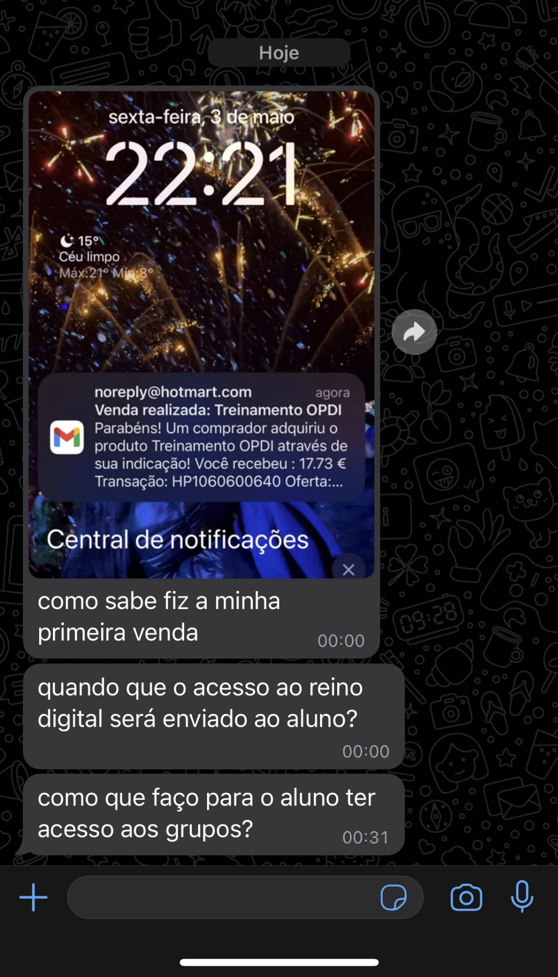 Print da primeira venda de um aluno com notificação da Hotmart