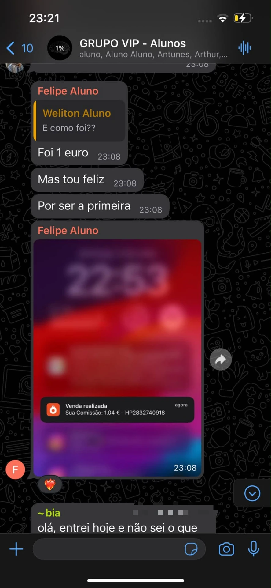 Print de aluno a partilhar a primeira comissão no grupo