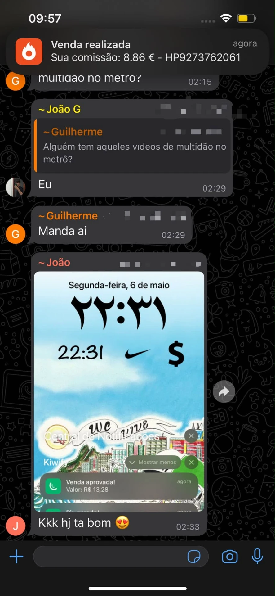 Notificação de venda realizada com comissão de 8,86€